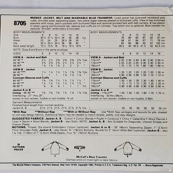 Vintage 80s McCalls Pattern 8705 Outdoor Jacket Coat Varsity Belted Sz 6/8 Uncut - Picture 2 of 2